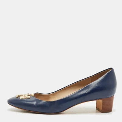 Pre-owned Tory Burch Navy Blue Leather Janey Pumps Size 38