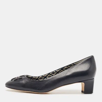 Pre-owned Tory Burch Navy Blue Leather Lowell Pumps Size 38