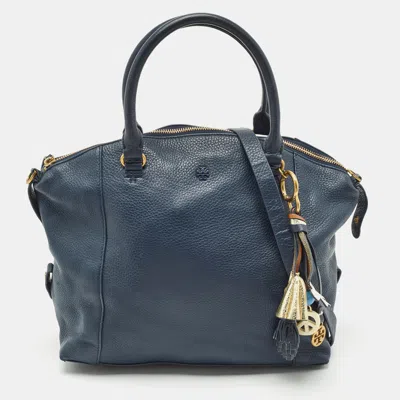 Pre-owned Tory Burch Navy Blue Leather Peach Satchel
