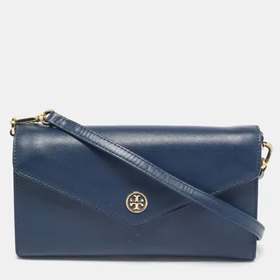 Pre-owned Tory Burch Navy Blue Leather Robinson Envelope Crossbody Bag