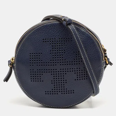 Pre-owned Tory Burch Navy Blue Leather T Perforated Logo Round Crossbody Bag