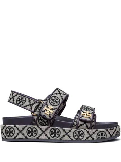 Tory Burch T Monogram Kira Jacquard Fabric Sandals In Blue