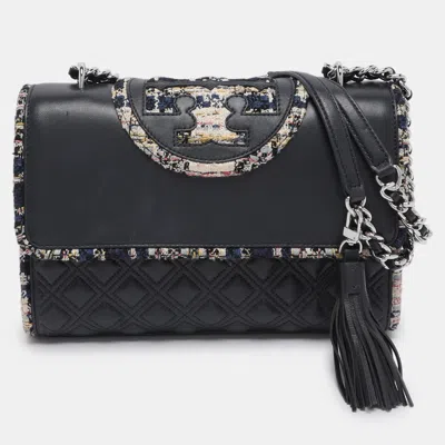 Pre-owned Tory Burch Navy Blue Quilted Leather And Tweed Trim Fleming Shoulder Bag