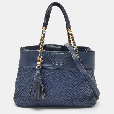 Pre-owned Tory Burch Navy Blue Quilted Leather Small Fleming Tote