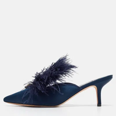 Pre-owned Tory Burch Navy Blue Satin And Fur Elodie Mules Size 40