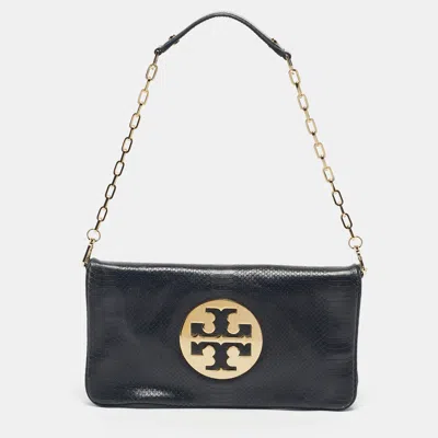 Pre-owned Tory Burch Navy Blue Snakeskin Embossed Leather Reva Flap Shoulder Bag