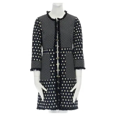 Pre-owned Tory Burch Navy Blue White Polka Dot Jacquard Frayed Trimmed Coat Us2 S