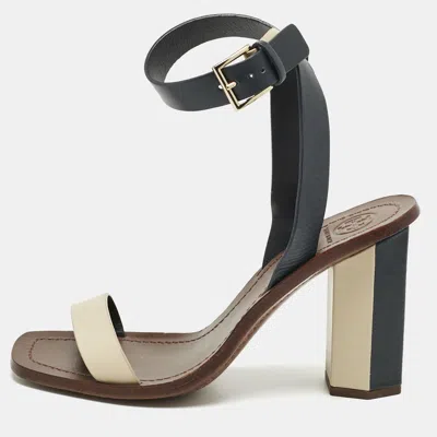 Pre-owned Tory Burch Navy Blue/cream Leather Ankle Strap Block Heel Sandals Size 38.5