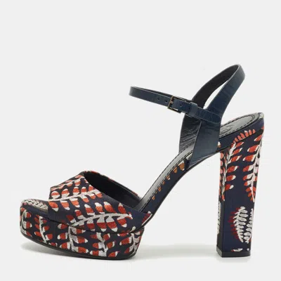 Pre-owned Tory Burch Navy Blue/red Brocade Fabric Ankle Strap Sandals Size 38