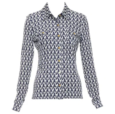 Pre-owned Tory Burch Navy Cream T Monogram Print Silk Blend Shirt Xs In White