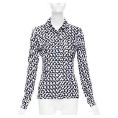 Pre-owned Tory Burch Navy Cream T Monogram Print Silk Blend Shirt Xs In White