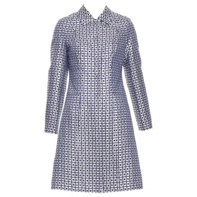 Pre-owned Tory Burch Navy Silver Metallic Cotton Blend Brocade Collared Long Coat Us4 S In Blue
