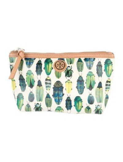 Pre-owned Tory Burch Neutral And Green Patterned Travel Pouch With Exposed Zipper In Multi