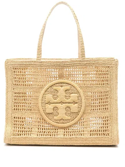 TORY BURCH NEUTRAL ELLA STRAW CROCHET TOTE BAG