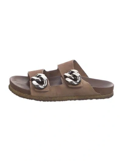Pre-owned Tory Burch Nubuck Chain-link Accents Slides In Brown