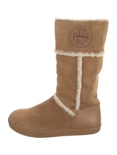 Pre-owned Tory Burch Nubuck Fur Trim Boots In Neutral