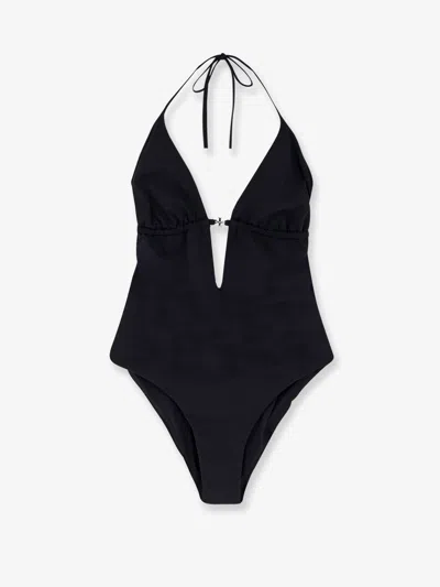 Tory Burch Halter Neck Plunge Swimsuit Ring Detail In Black