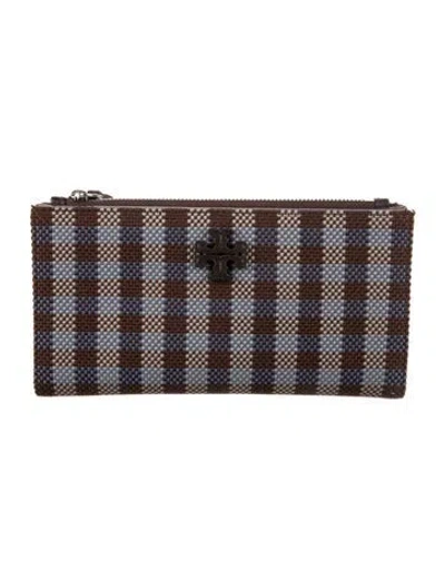 Pre-owned Tory Burch Nylon Plaid Print Wallet In Brown