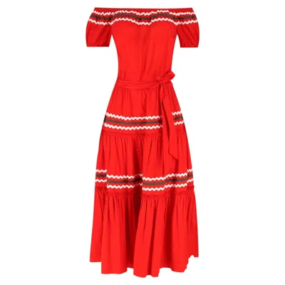 Pre-owned Tory Burch Off-the-shoulder Cotton Midi Dress In Red