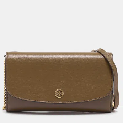 Pre-owned Tory Burch Olive Green Leather Robinson Wallet On Chain