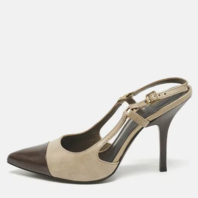 Pre-owned Tory Burch Olive Green/brown Leather Slingback Pumps Size 39