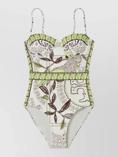 Tory Burch One Piece Swimsuit Floral Pattern Straps In Green