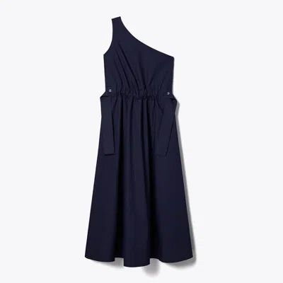 Tory Burch One-shoulder Belted Cotton Dress In Blue