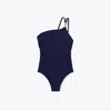 Tory Burch Blue One-shoulder Swimsuit With U-neck On The Back In Tech Fabric Woman In Medium Navy