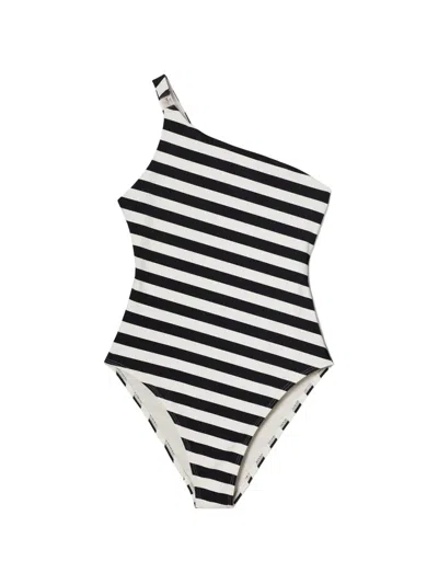 Tory Burch One-shoulder Striped Swimsuit In Black