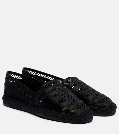 Tory Burch Open Weave Embroidered Satin Espadrilles In Black
