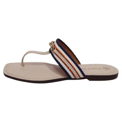 Pre-owned Tory Burch Orange & Blue Striped Chain Embellished Flat Thong Sandals - Eu 38