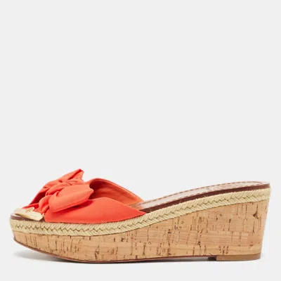 Pre-owned Tory Burch Orange Canvas Bow Cork Wedge Slide Sandals Size 35