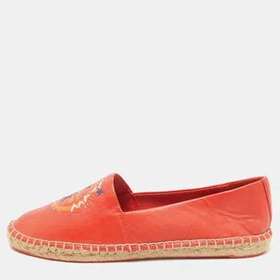 Pre-owned Tory Burch Orange Leather Daley Logo Espadrille Flats Size 39