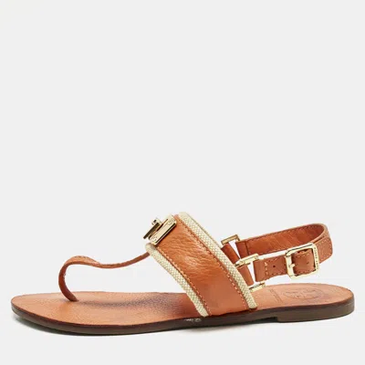 Pre-owned Tory Burch Orange Leather T-strap Flat Sandals Size 38