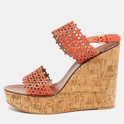 Pre-owned Tory Burch Orange Perforated Leather Daisy Cork Wedge Sandals Size 41.5
