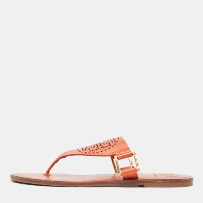 Pre-owned Tory Burch Orange Perforated Leather Thong Sandals Size 38.5