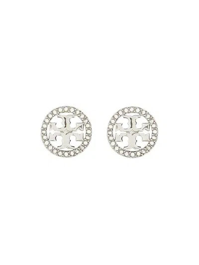Tory Burch Orecchini Circle-stud Crystal Logo In Silver