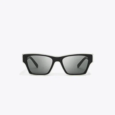 Tory Burch Outlined Rectangle Sunglasses In Black/ivory/dark Grey Solid
