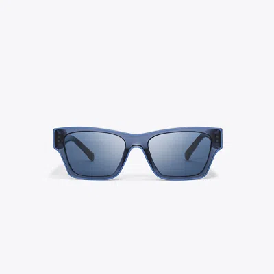 Tory Burch Outlined Rectangle Sunglasses In Transparent Navy/dark Blue