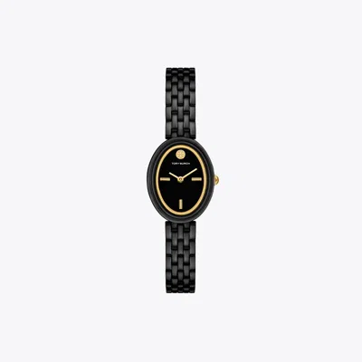 Tory Burch Oval Watch In Black/black Ip/gold