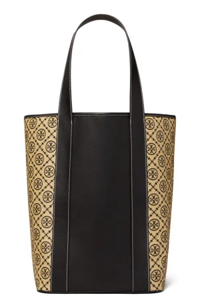 Tory Burch Oversize T Monogram Raffia Tote In Black