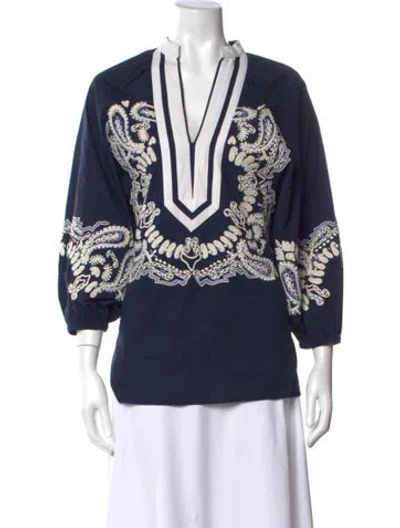 Pre-owned Tory Burch Paisley Print V-neck Blouse In Blue