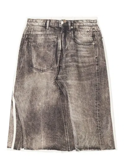 TORY BURCH PANELLED FRAYED DENIM MIDI A-LINE SKIRT