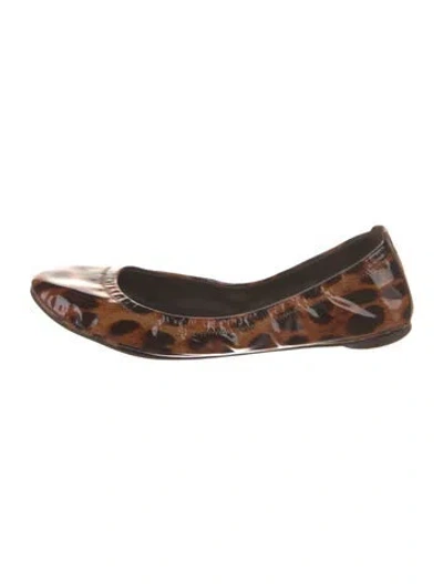 Pre-owned Tory Burch Patent Leather Animal Print Ballet Flats In Brown