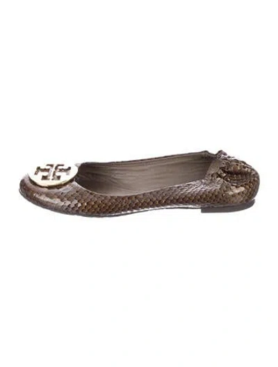 Pre-owned Tory Burch Patent Leather Animal Print Ballet Flats In Brown