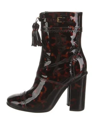 Pre-owned Tory Burch Patent Leather Animal Print Boots In Brown