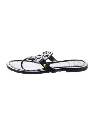 Pre-owned Tory Burch Patent Leather Animal Print Flip Flops In Black