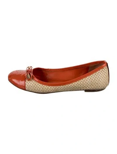 Pre-owned Tory Burch Patent Leather Bow Accents Ballet Flats In Orange