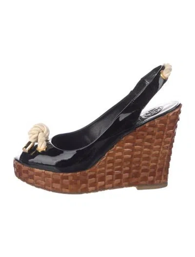 Pre-owned Tory Burch Patent Leather Bow Accents Slingback Pumps In Brown