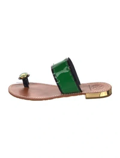 Pre-owned Tory Burch Patent Leather Colorblock Pattern Mules In Green